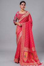 Pink Tissue Silk Woven Saree with Full Sleeved Handworked Readymade Blouse - pink silk saree