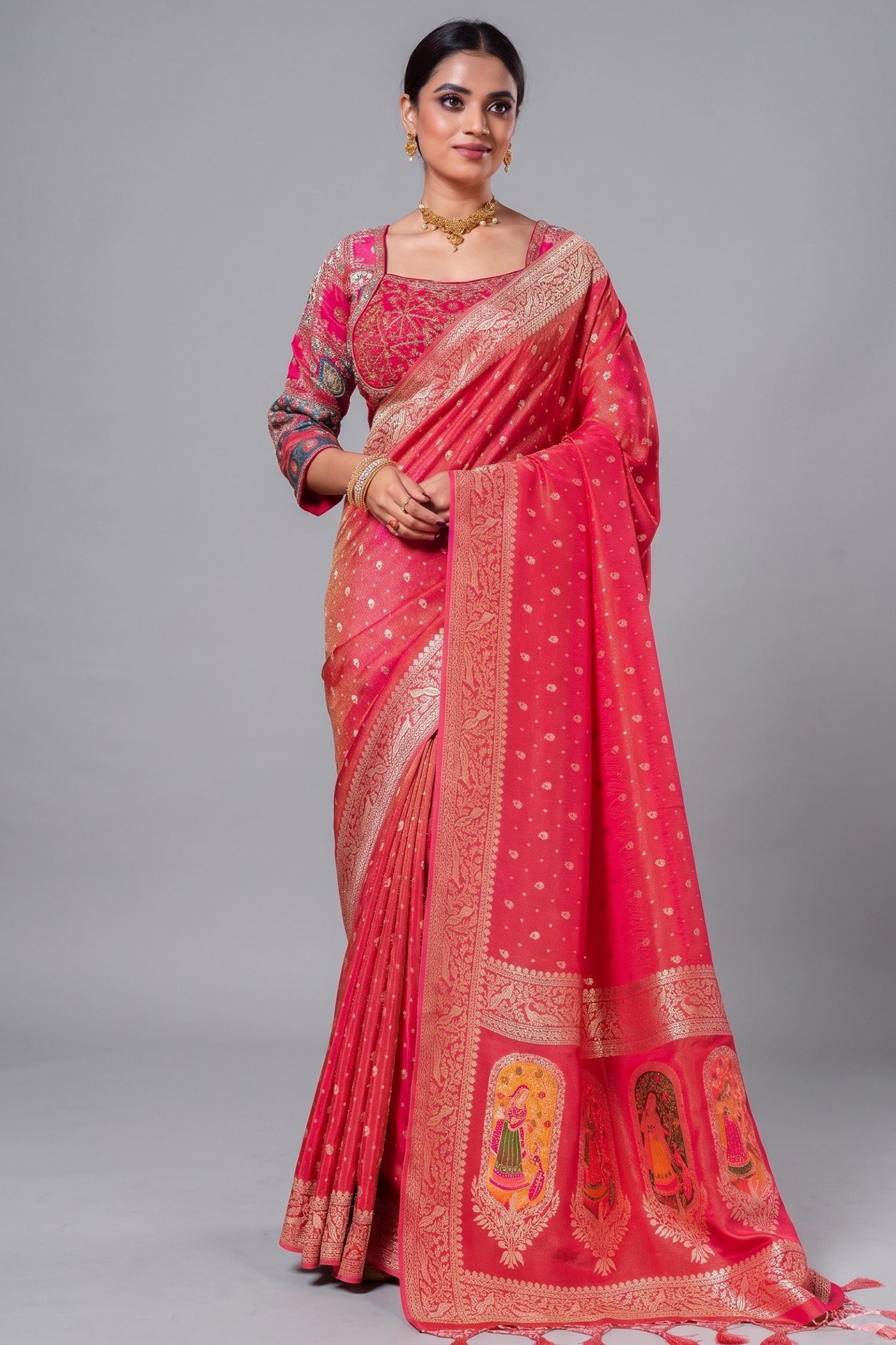 Pink Tissue Silk Woven Saree with Full Sleeved Handworked Readymade Blouse - pink silk saree