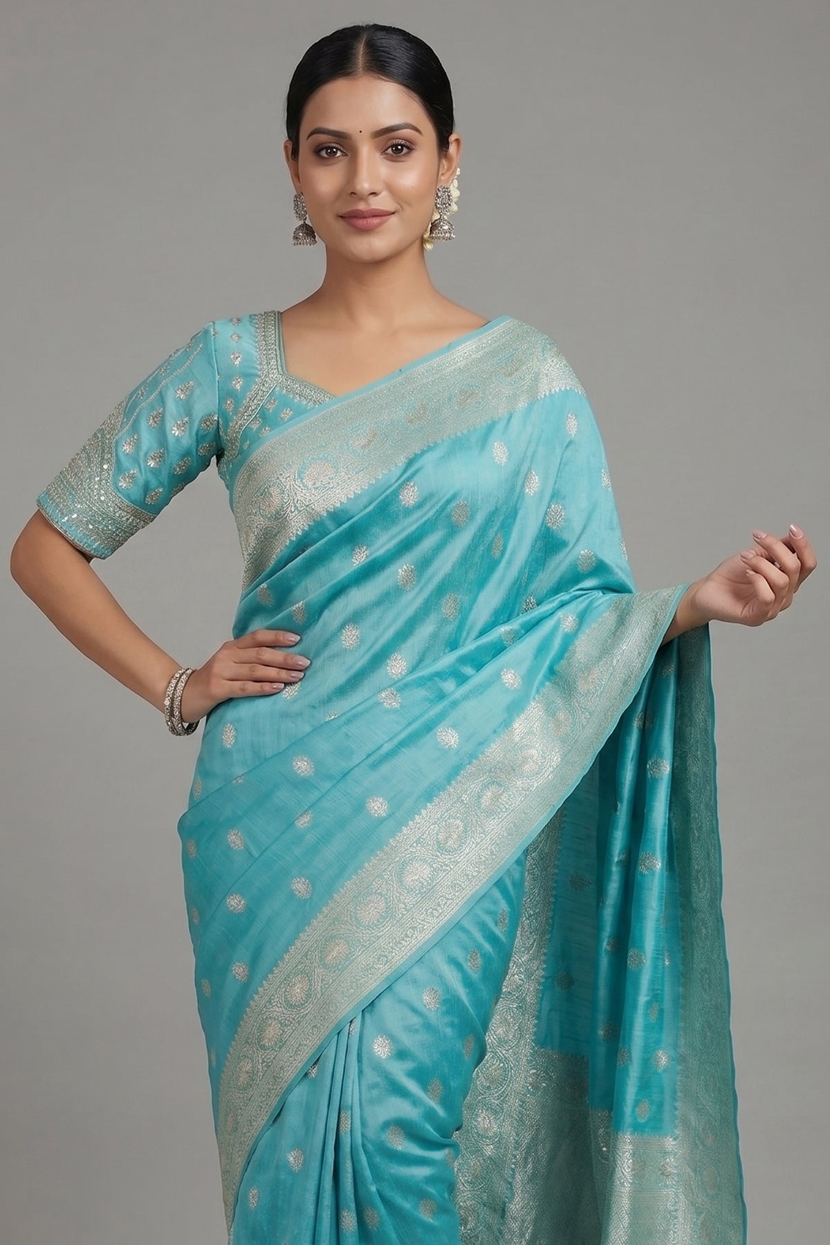 Light Blue Dola Silk Woven Saree with Handworked Readymade Blouse - blue silk saree