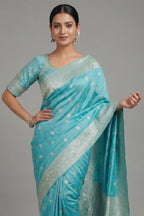 Light Blue Dola Silk Woven Saree with Handworked Readymade Blouse - blue silk saree