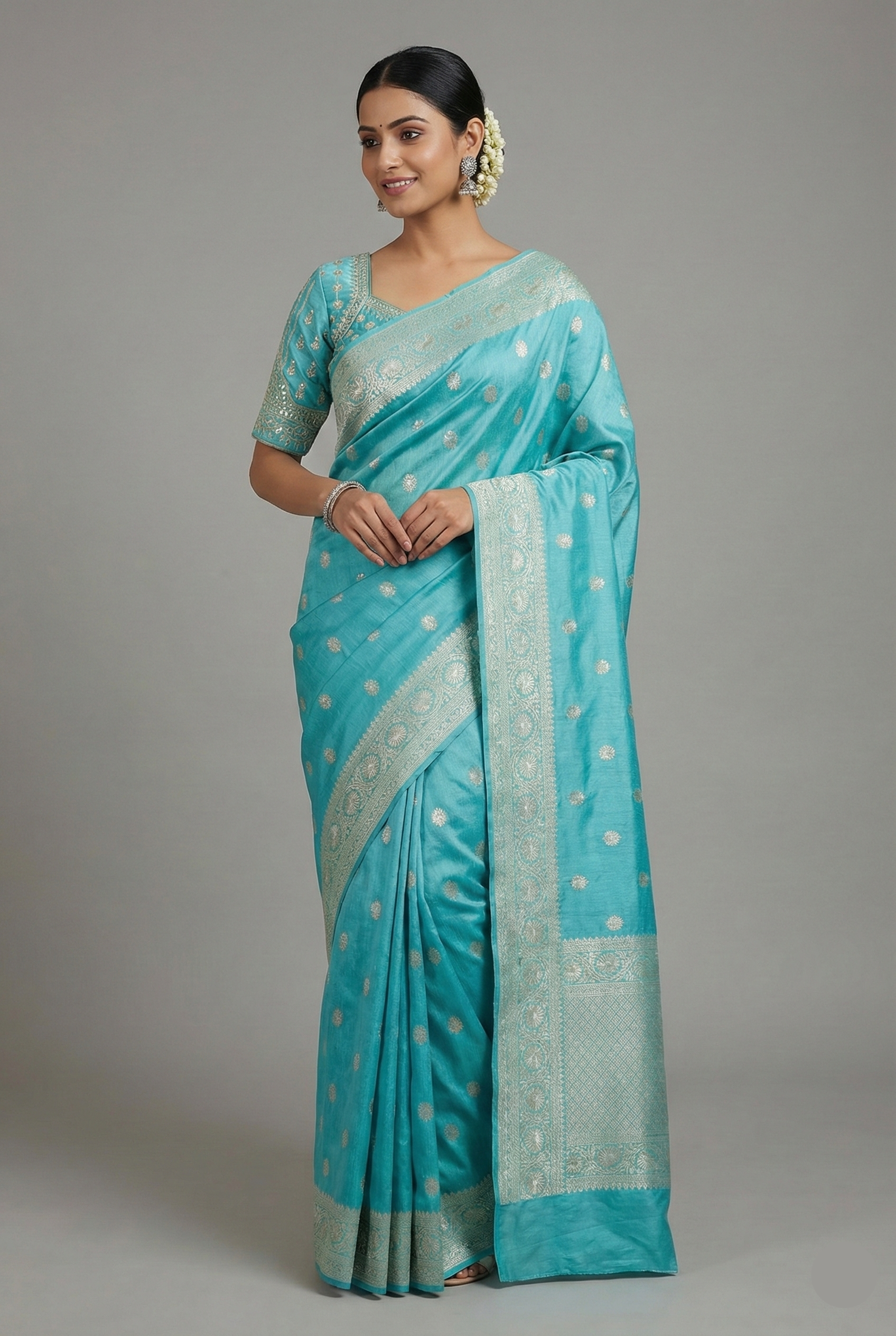 Light Blue Dola Silk Woven Saree with Handworked Readymade Blouse - blue silk saree Main image