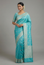 Light Blue Dola Silk Woven Saree with Handworked Readymade Blouse - blue silk saree