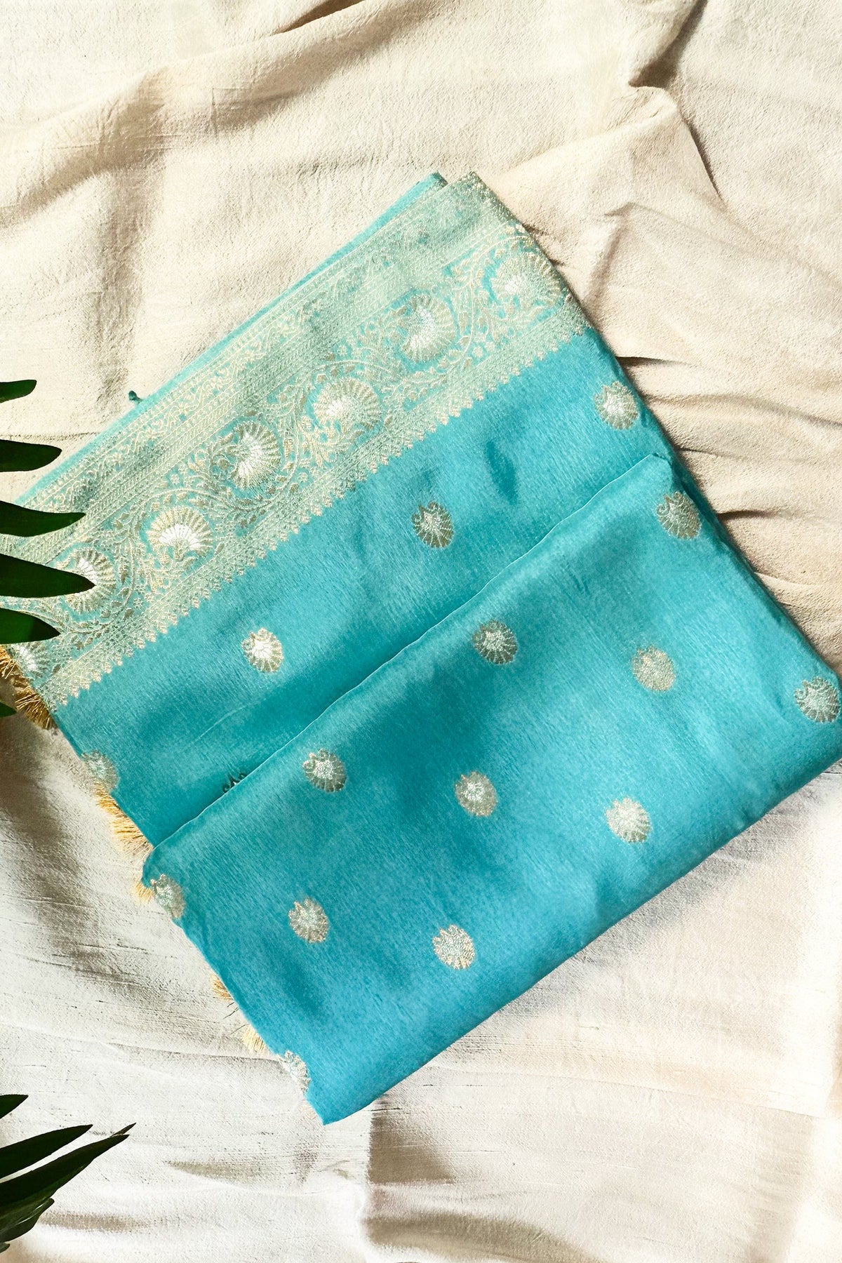 Light Blue Dola Silk Woven Saree with Handworked Readymade Blouse - blue silk saree