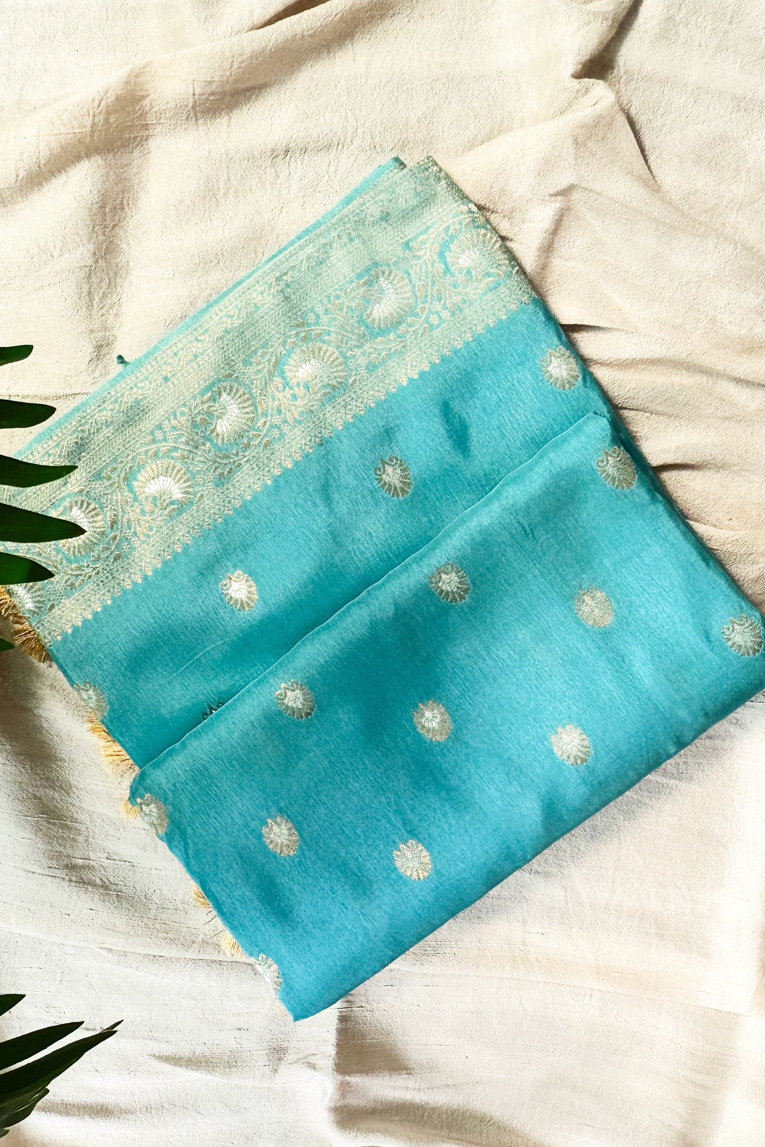 Light Blue Dola Silk Woven Saree with Handworked Readymade Blouse - blue silk saree