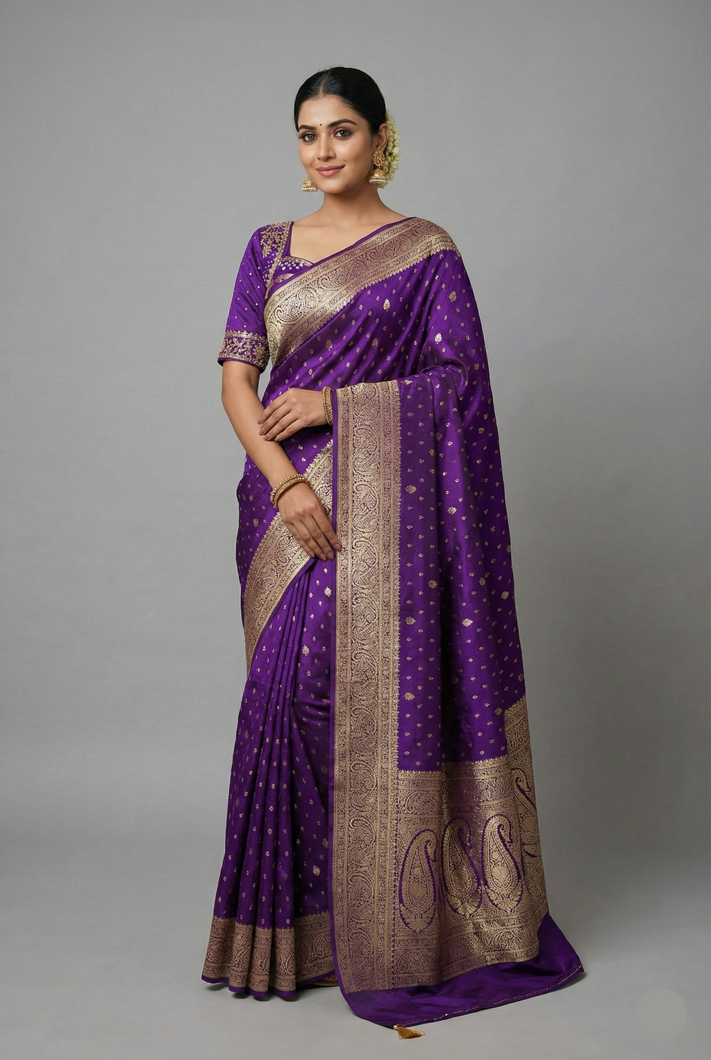 Purple Dola Silk Woven Saree with Handworked Readymade Blouse - purple silk saree
