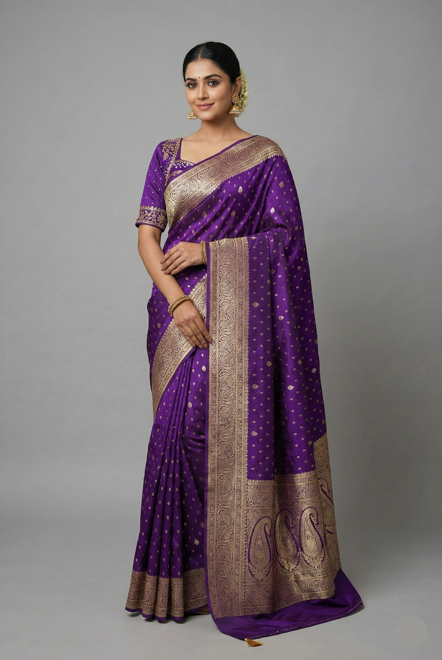Purple Dola Silk Woven Saree with Handworked Readymade Blouse - purple silk saree
