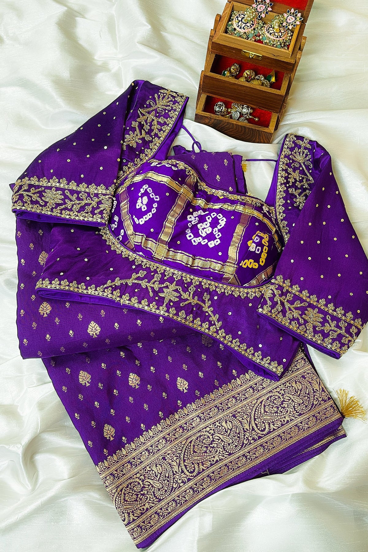Purple Dola Silk Woven Saree with Handworked Readymade Blouse - purple silk saree