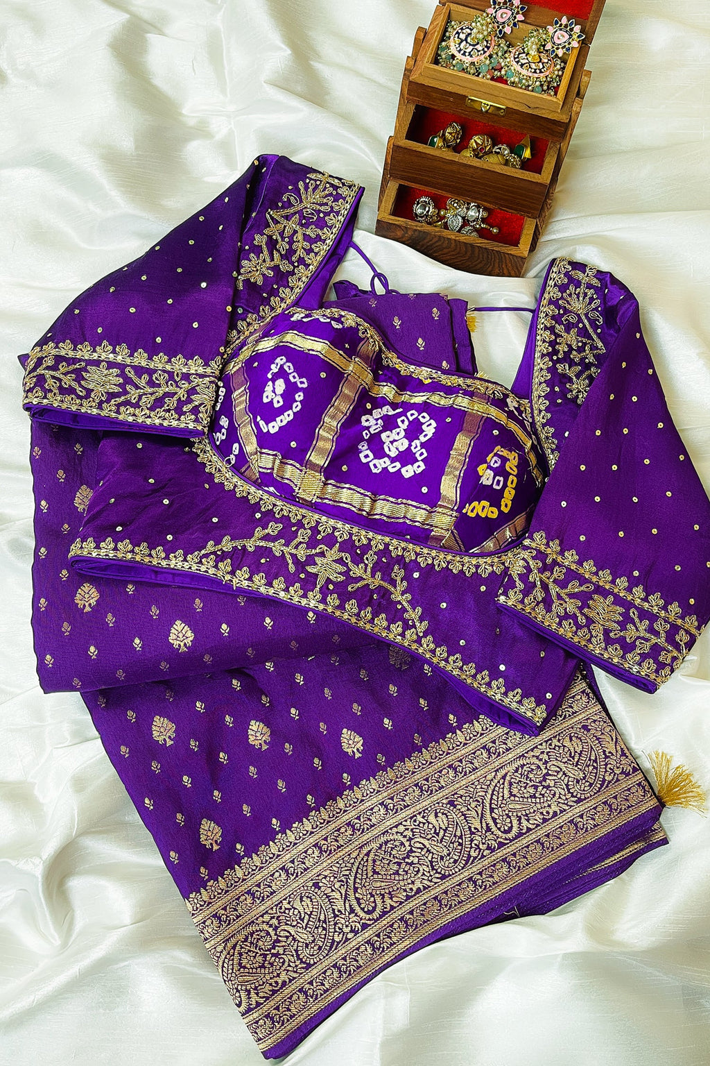 Purple Dola Silk Woven Saree with Handworked Readymade Blouse - purple silk saree