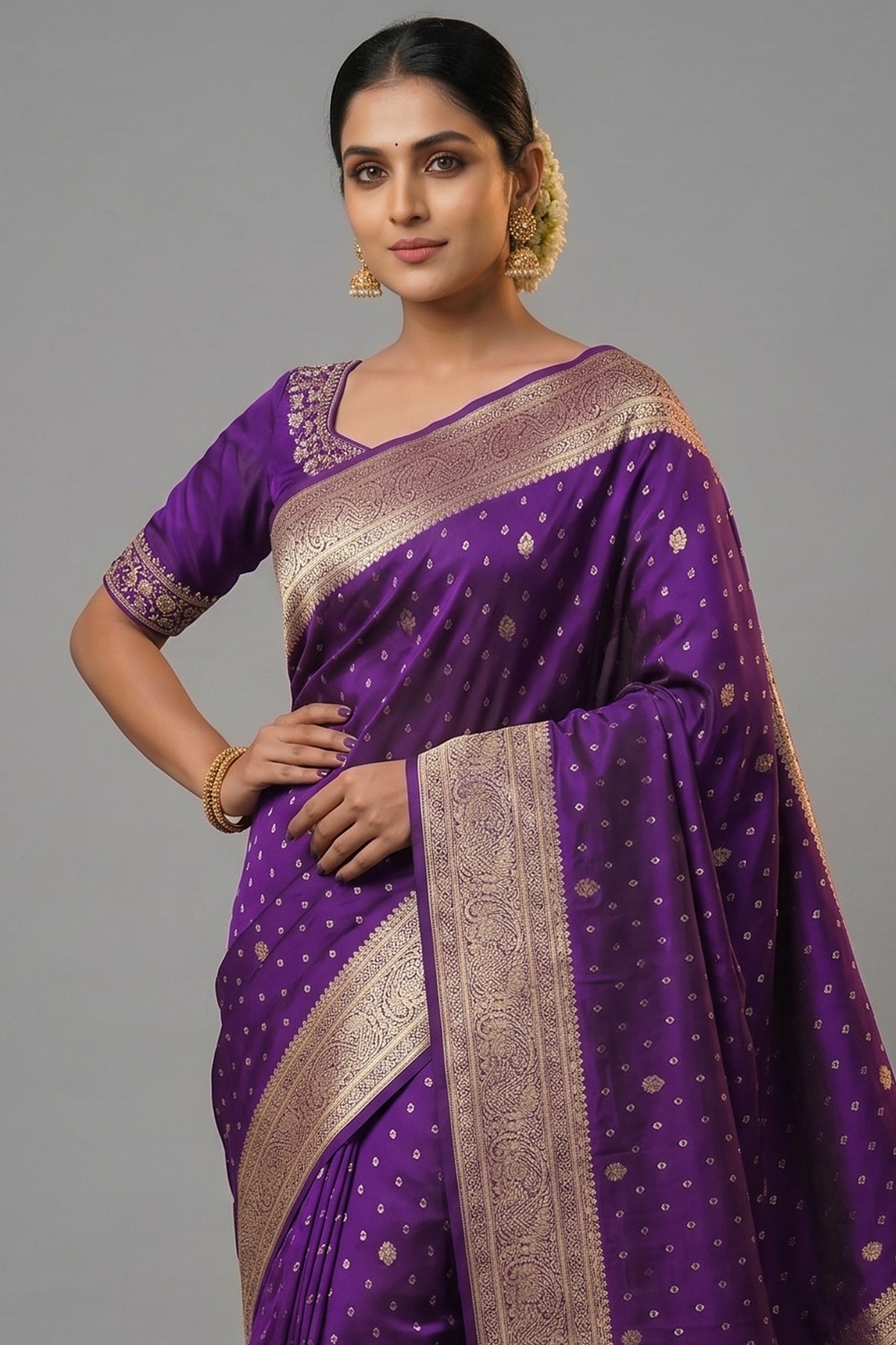 Purple Dola Silk Woven Saree with Handworked Readymade Blouse - purple silk saree