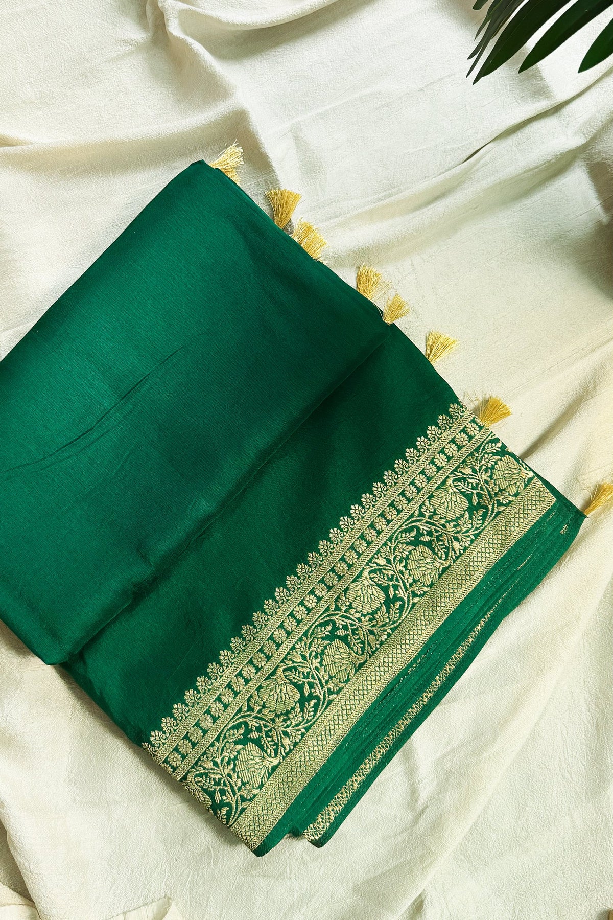 Green Dola Silk Saree with Full Sleeved Readymade Handworked Blouse