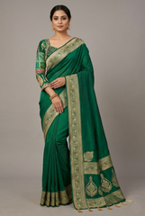 Green Dola Silk Saree with Full Sleeved Readymade Handworked Blouse