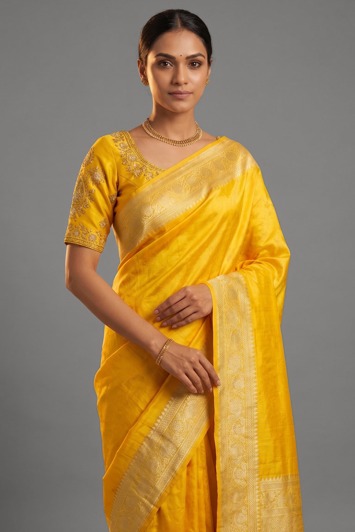 Yellow Tissue Silk Saree with Readymade Blouse - yellow silk saree