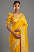 Yellow Tissue Silk Saree with Readymade Blouse - yellow silk saree