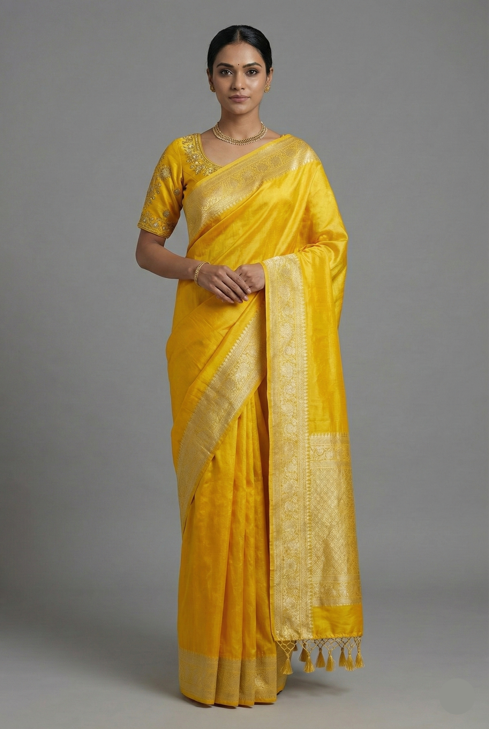 Yellow Tissue Silk Saree with Readymade Blouse - yellow silk saree Main image