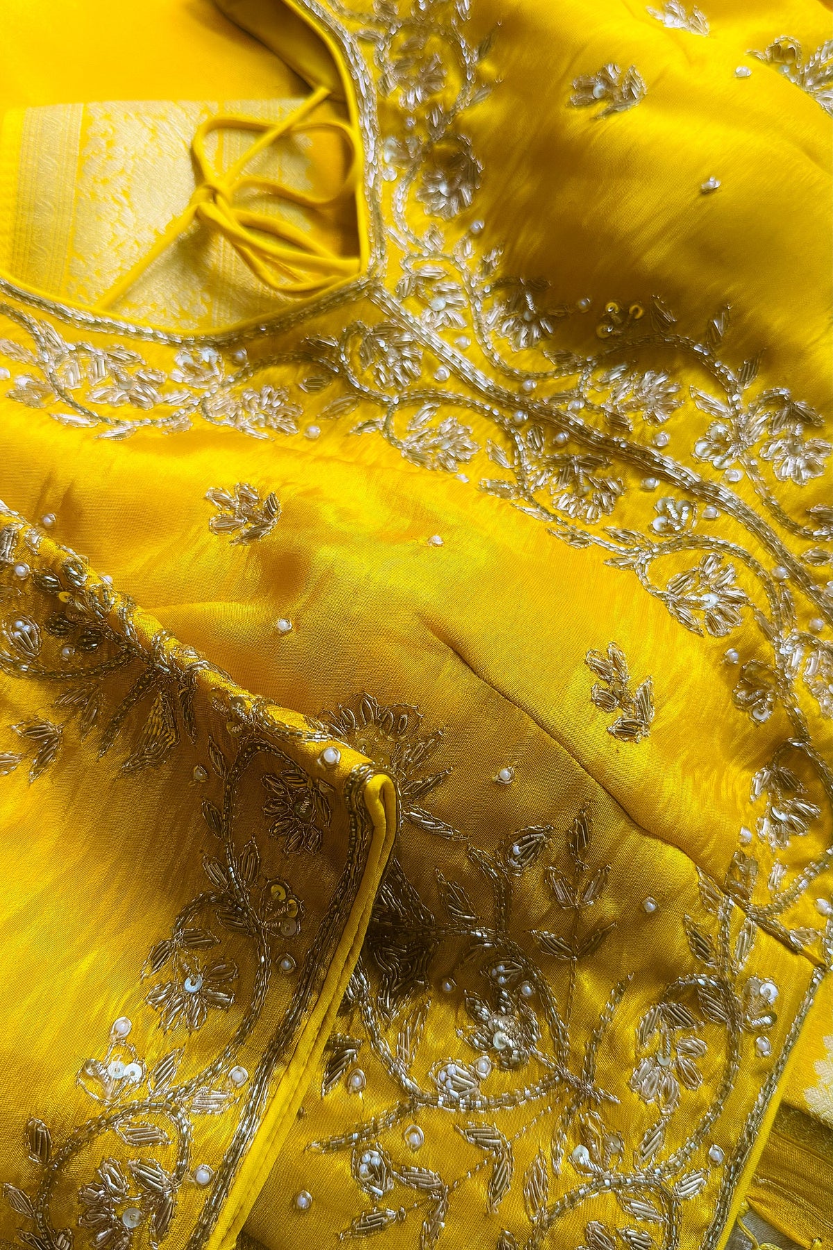 Yellow Tissue Silk Saree with Readymade Blouse - yellow silk saree