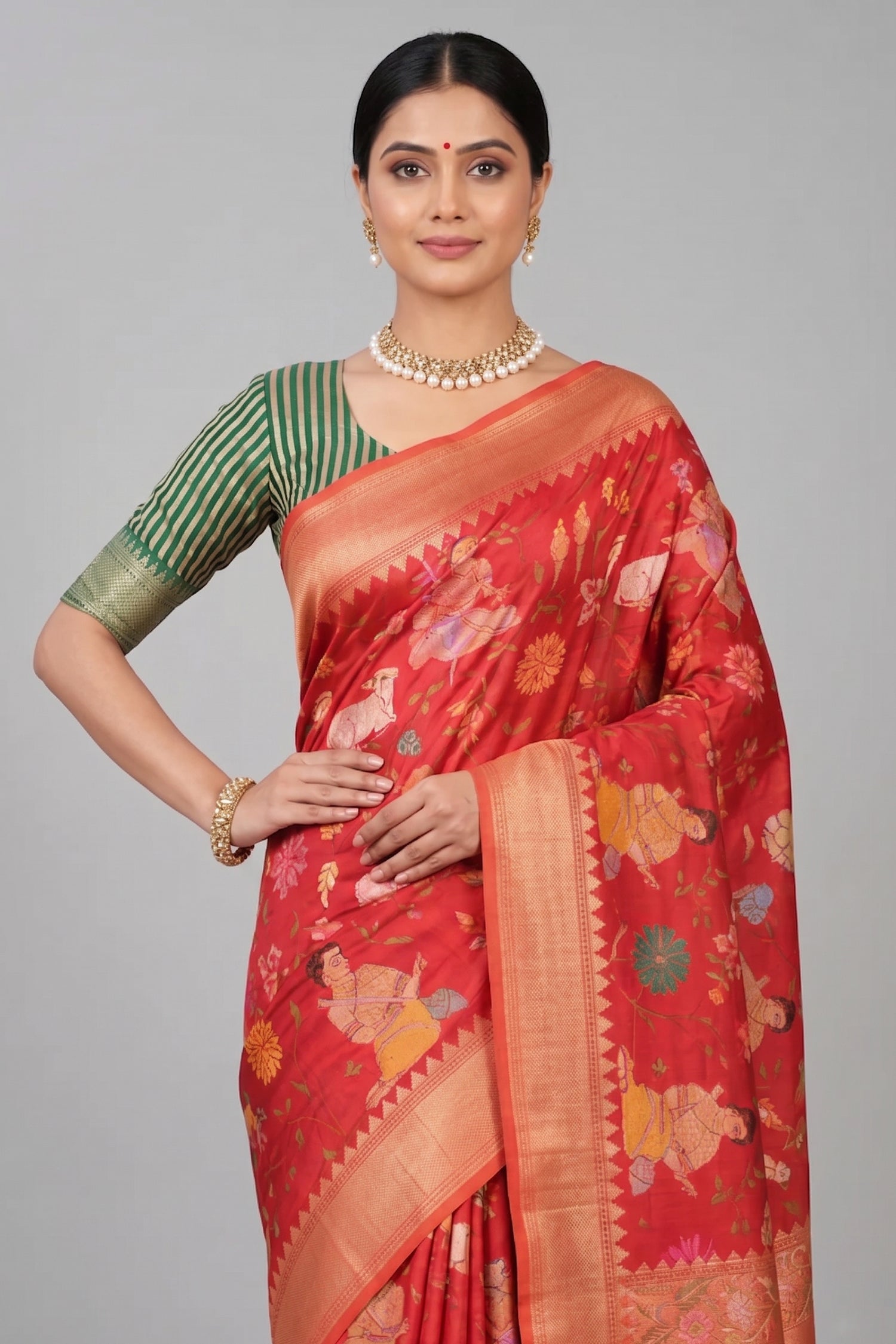 Red Banarasi Silk Meenakari Woven Saree - red silk saree