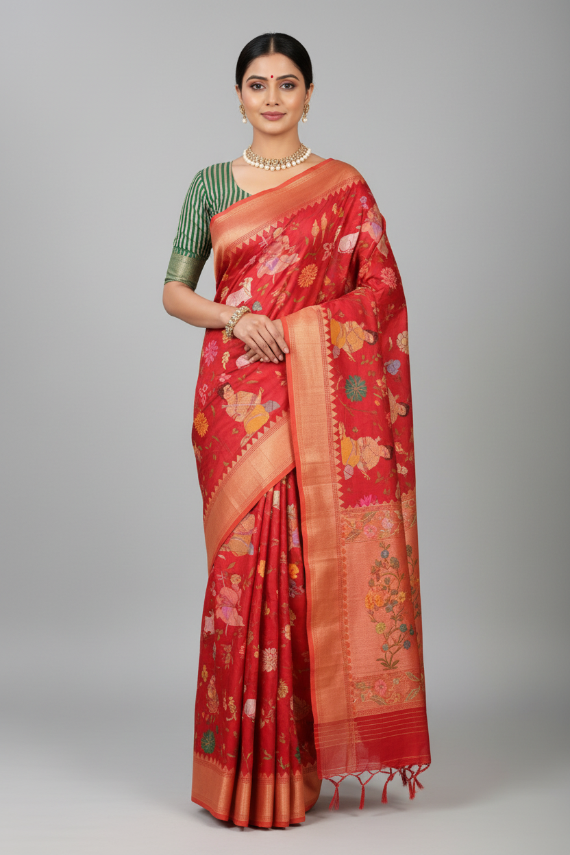 Red Banarasi Silk Meenakari Woven Saree - red silk saree
