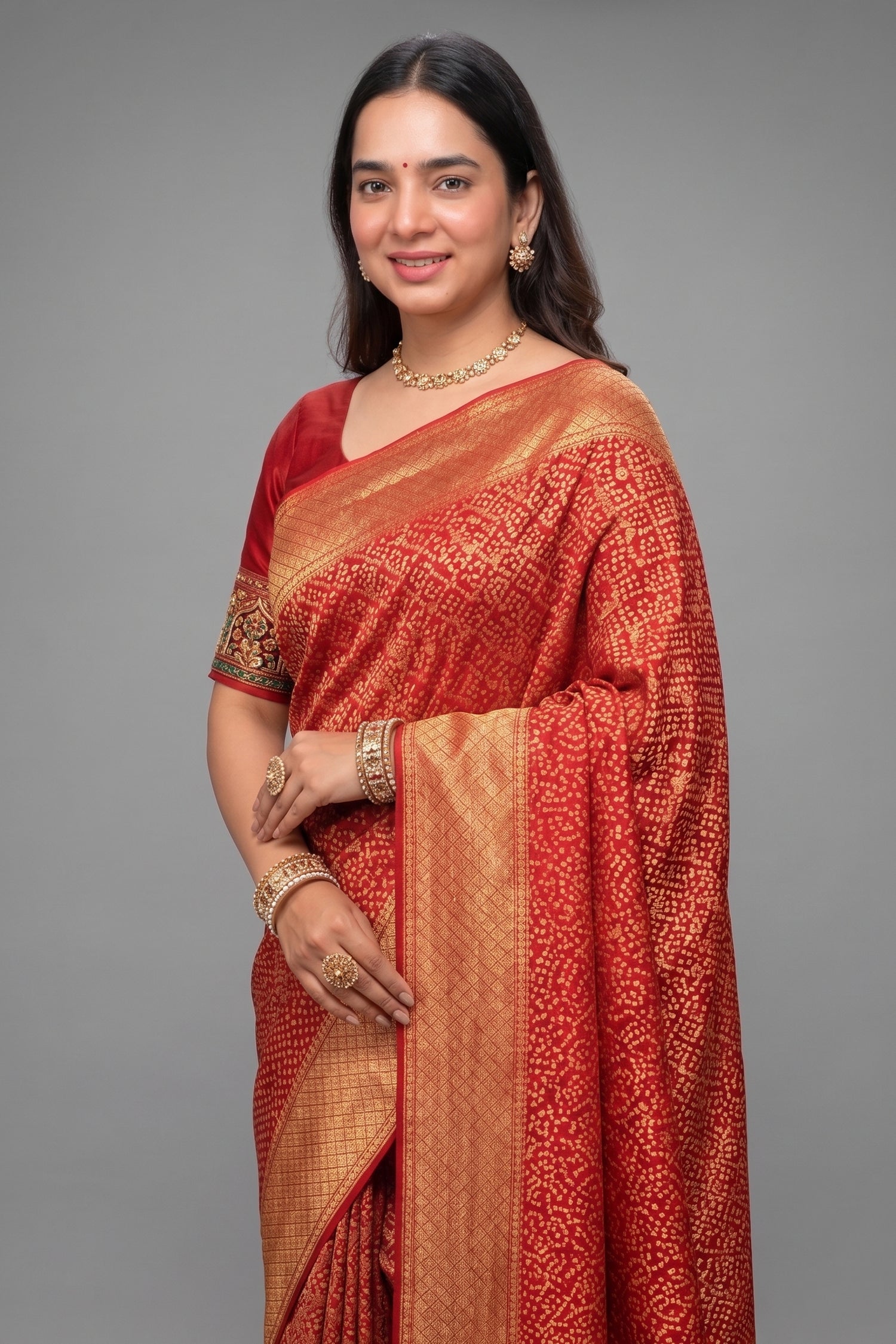 Maroon Georgette Bandhej Saree with Real Zari Kadva Weaving - maroon georgette saree bandhej