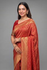 Maroon Georgette Bandhej Saree with Real Zari Kadva Weaving - maroon georgette saree bandhej