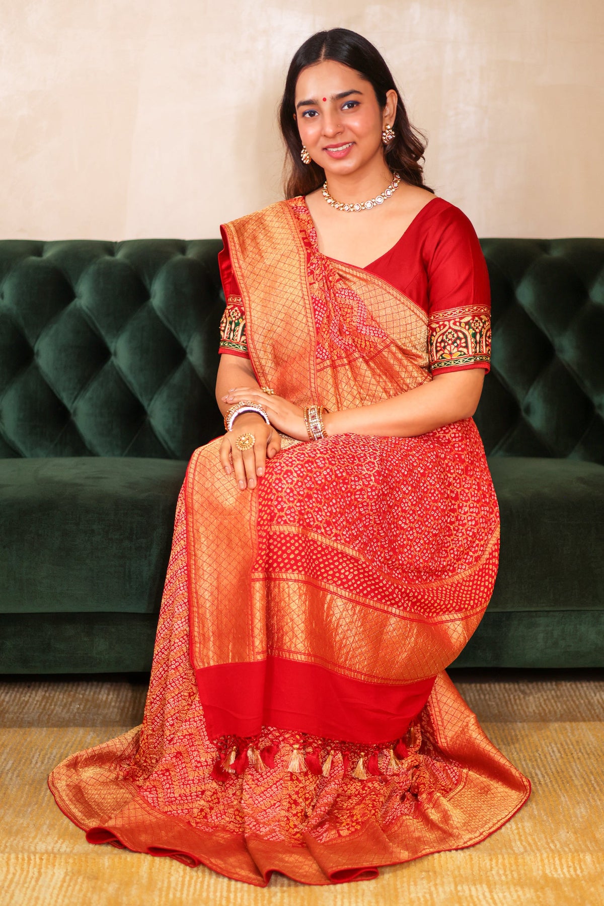 Maroon Georgette Bandhej Saree with Real Zari Kadva Weaving