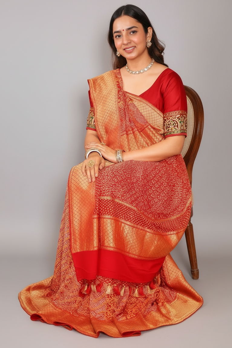 Maroon Georgette Bandhej Saree with Real Zari Kadva Weaving - maroon georgette saree bandhej