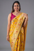 Yellow Banarasi Silk Real Zari Kadva Woven Saree - yellow silk saree zari