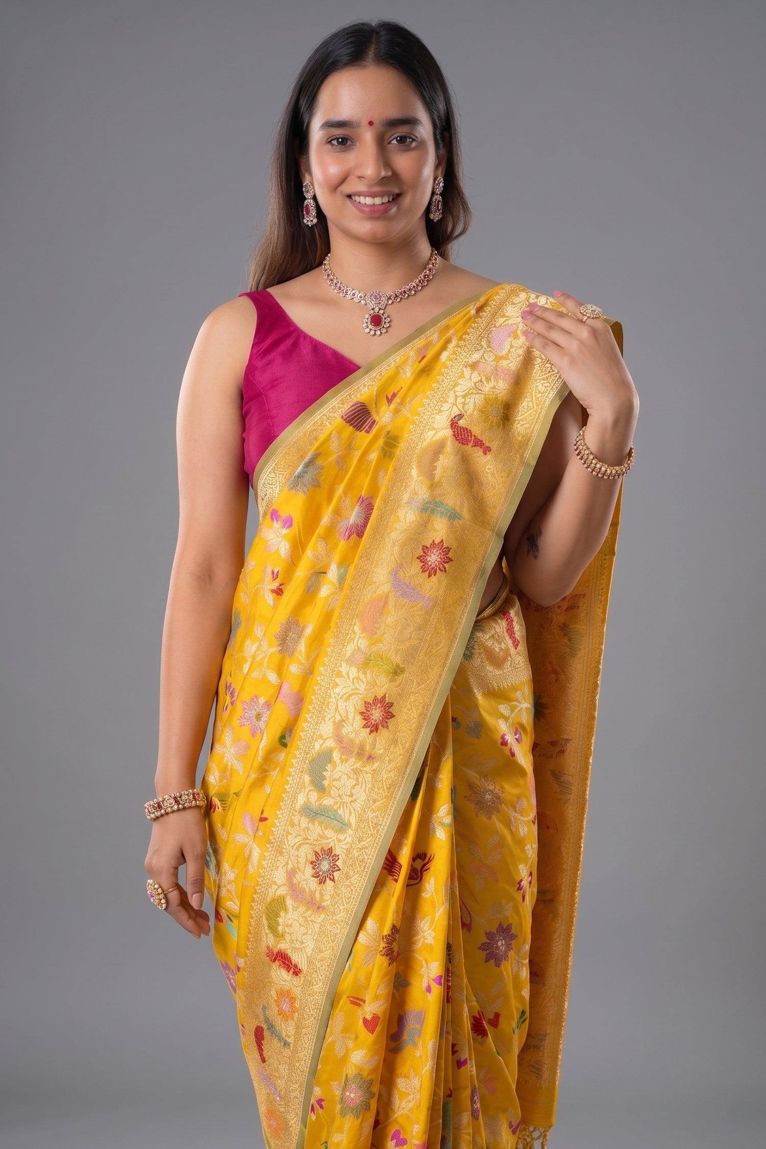 Yellow Banarasi Silk Real Zari Kadva Woven Saree - yellow silk saree zari