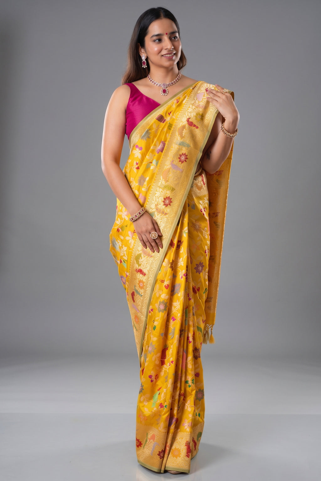 Yellow Banarasi Silk Real Zari Kadva Woven Saree - yellow silk saree zari