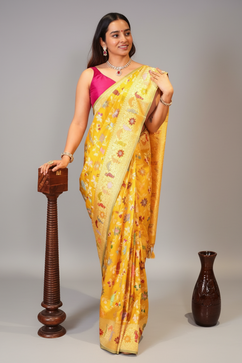 Yellow Banarasi Silk Real Zari Kadva Woven Saree