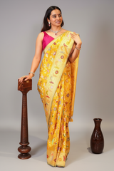 Yellow Banarasi Silk Real Zari Kadva Woven Saree