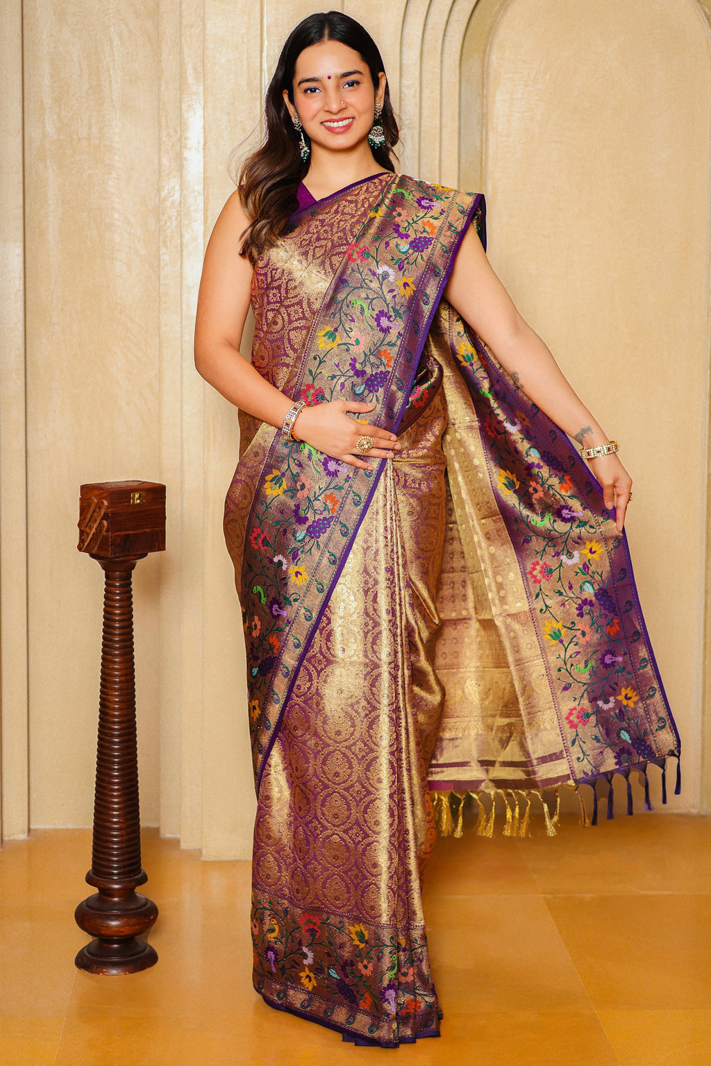 Golden and Purple Tissue Silk Woven Saree with Paithani Border and Pallu - gold silk saree