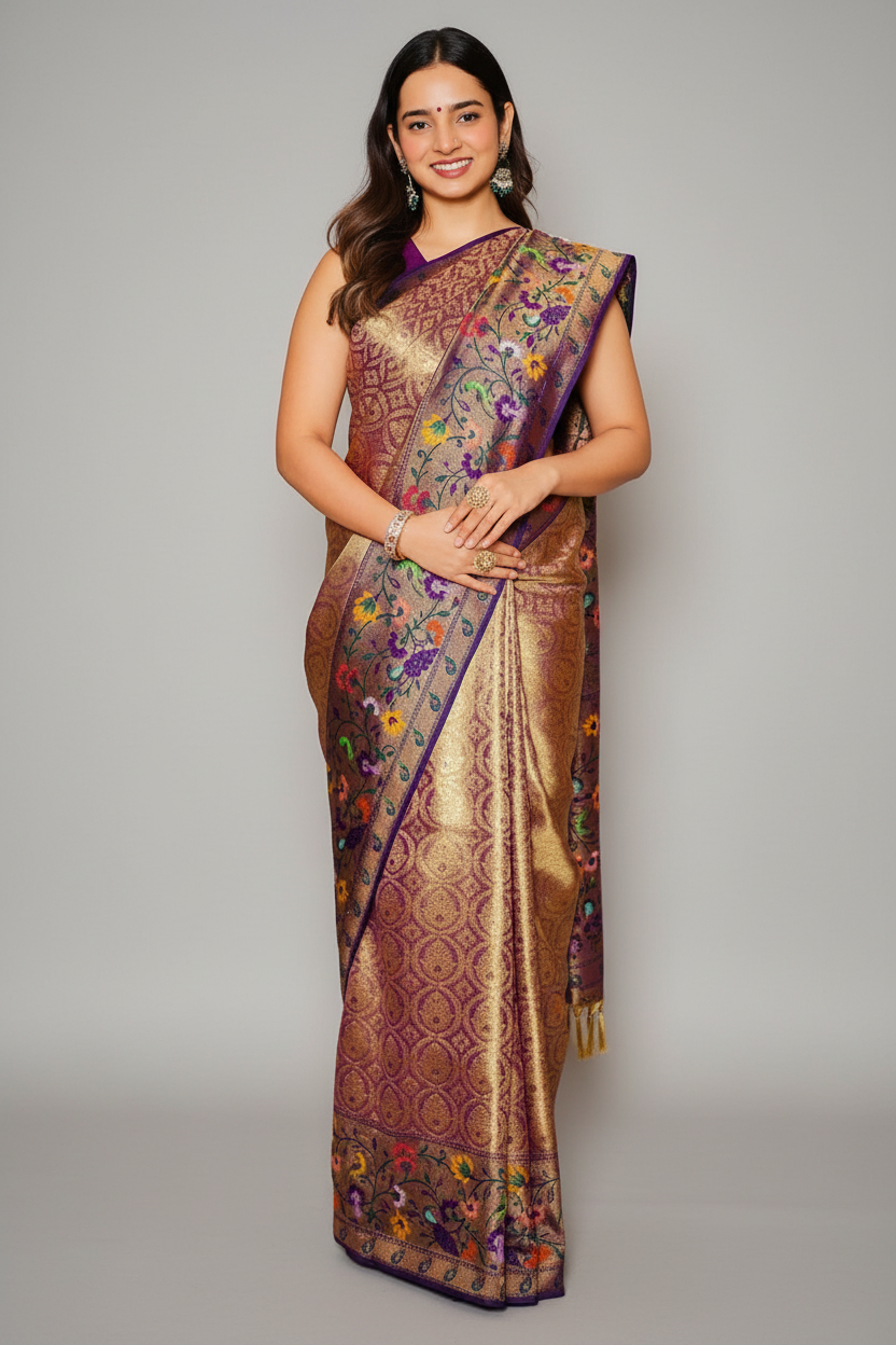 Golden and Purple Tissue Silk Woven Saree with Paithani Border and Pallu - gold silk saree