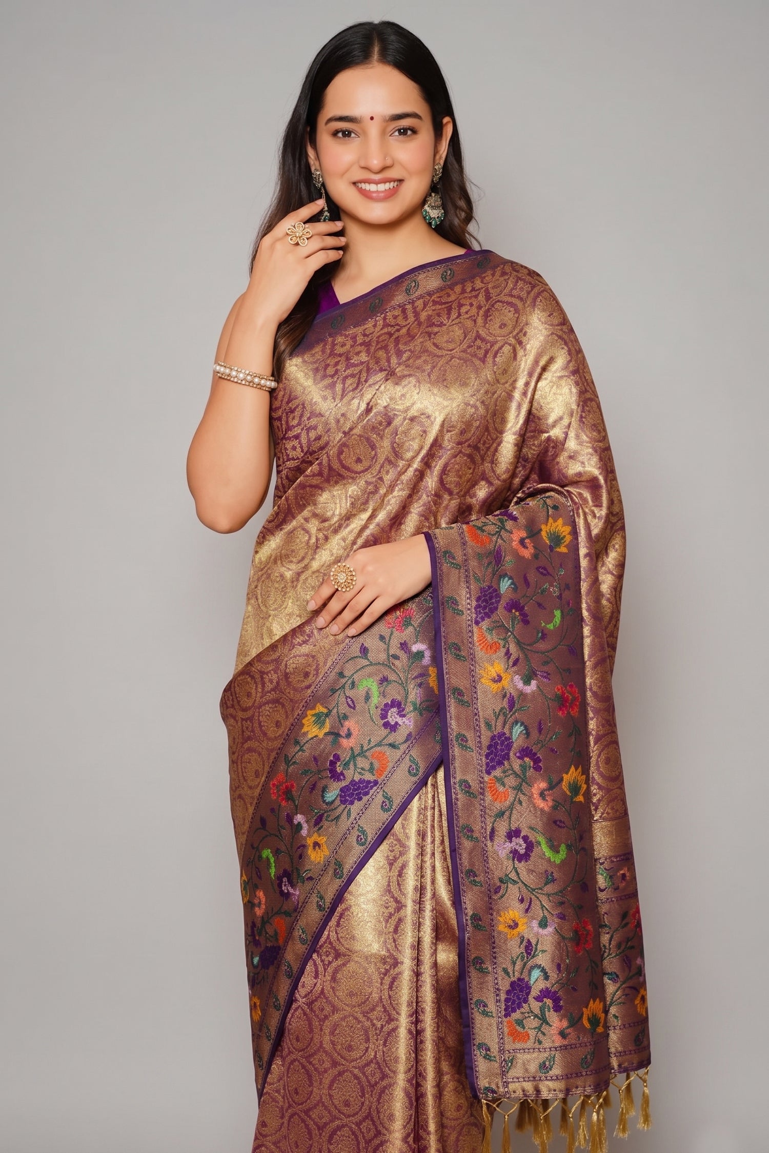 Golden and Purple Tissue Silk Woven Saree with Paithani Border and Pallu - gold silk saree