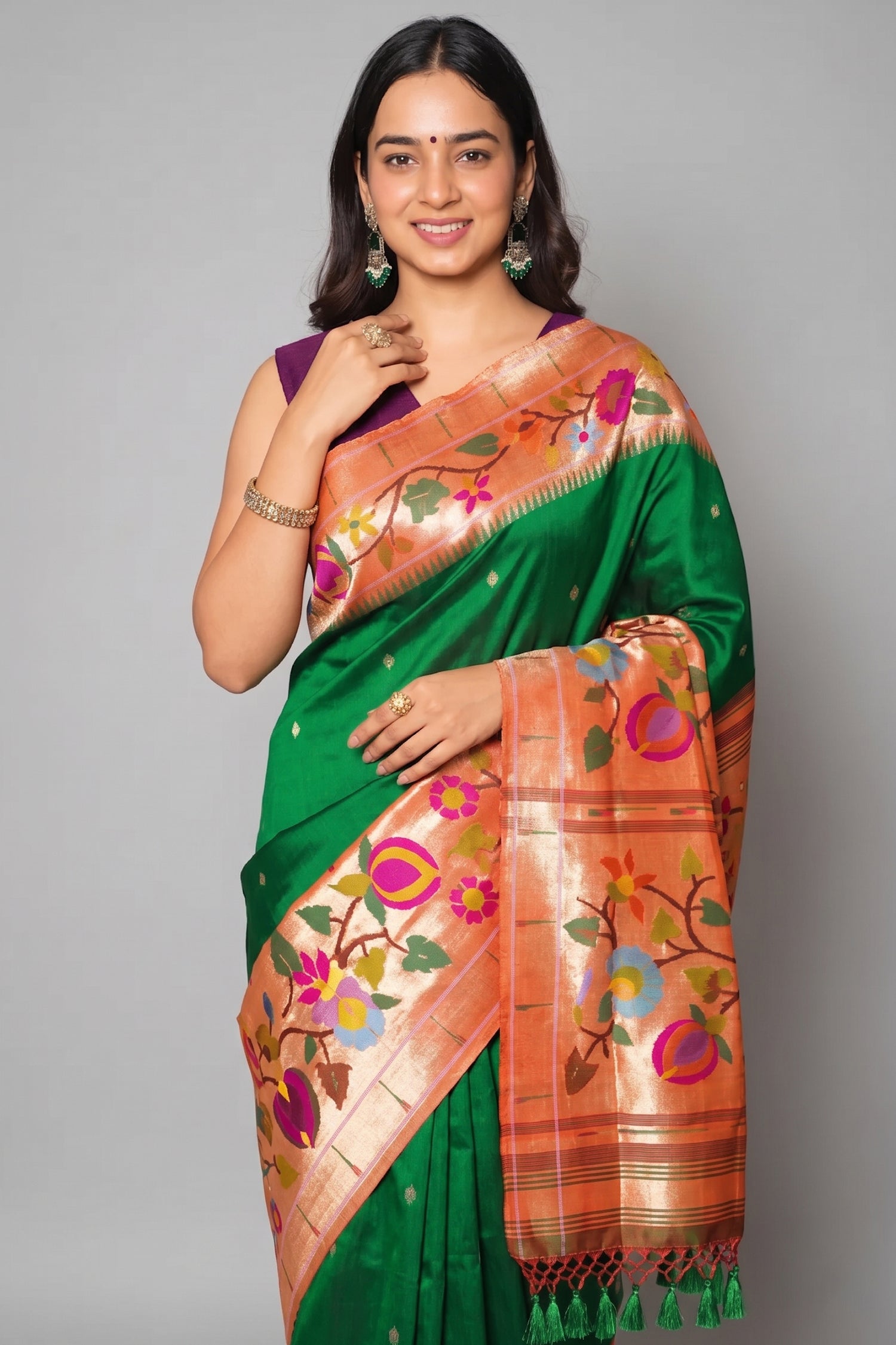Green Silk Traditional Saree with Paithani Border and Pallu - green silk saree