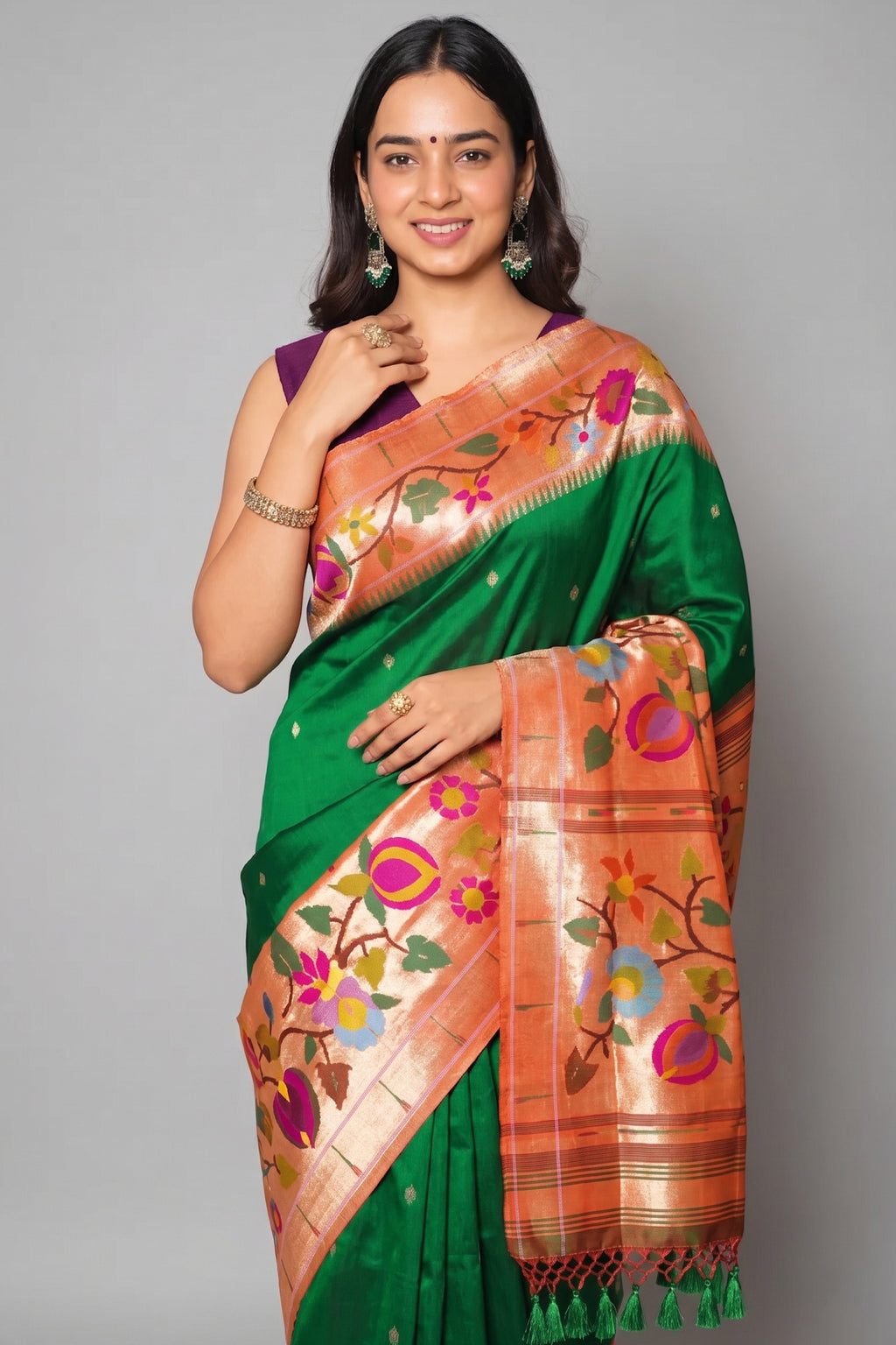 Green Silk Traditional Saree with Paithani Border and Pallu - green silk saree