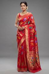 Red Silk Traditional Paithani Woven Saree - red silk saree