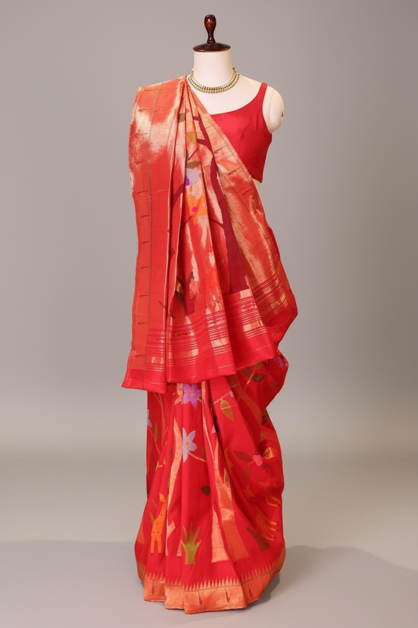Red Silk Traditional Paithani Woven Saree - red silk saree