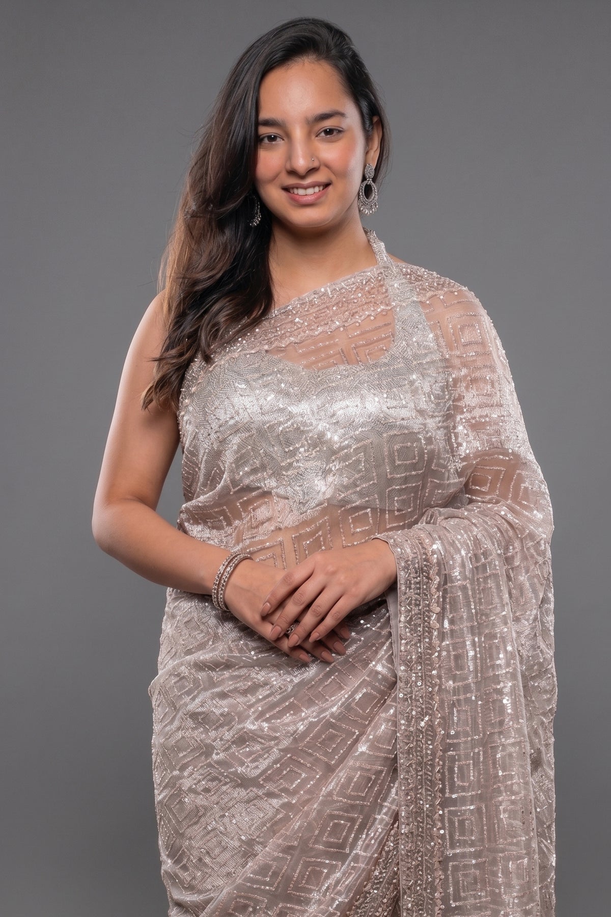 Peach Tissue Organza Sequin Cutdana Worked Designer Saree - peach organza saree