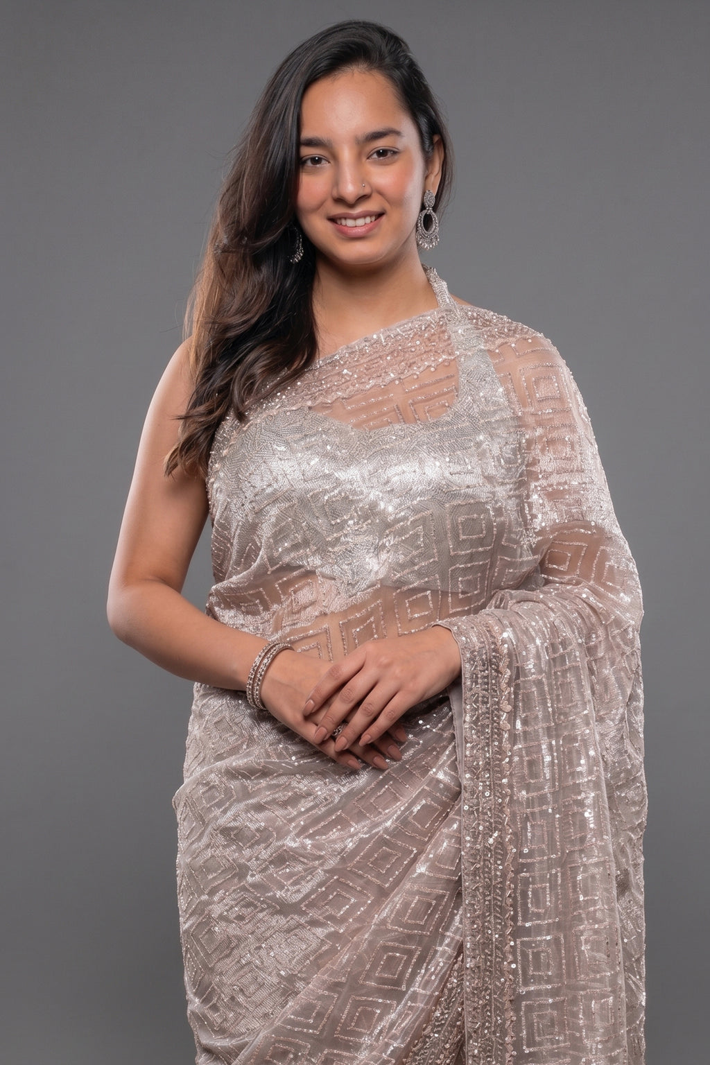 Peach Tissue Organza Sequin Cutdana Worked Designer Saree - peach organza saree