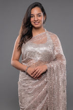 Peach Tissue Organza Sequin Cutdana Worked Designer Saree - peach organza saree