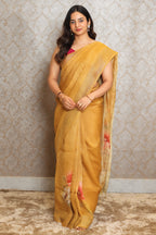 Yellow Linen Floral Printed Saree - yellow linen saree