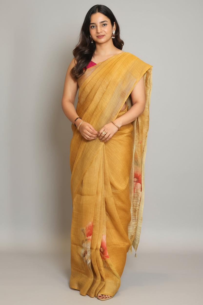 Yellow Linen Floral Printed Saree - yellow linen saree Main image