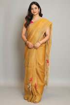 Yellow Linen Floral Printed Saree - yellow linen saree