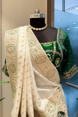 Off White Dola Silk Woven Saree with Beads Zardosi Work and Readymade Blouse