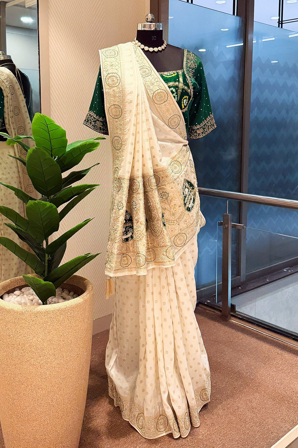 Off White Dola Silk Woven Saree with Beads Zardosi Work and Readymade Blouse