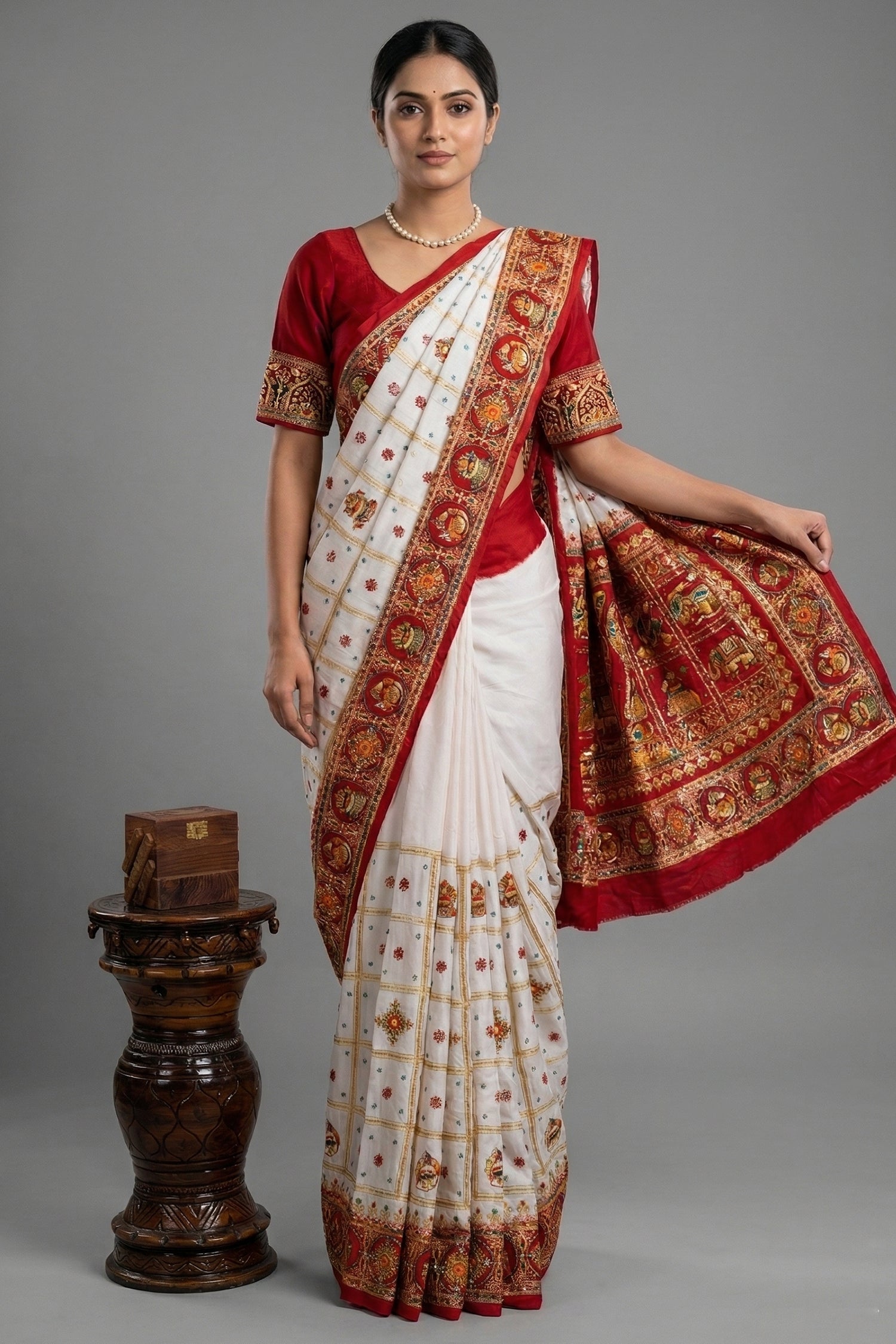 Pearl White Gaji Silk Bridal Panetar Saree with Embroidery - white silk saree embroidery Main image