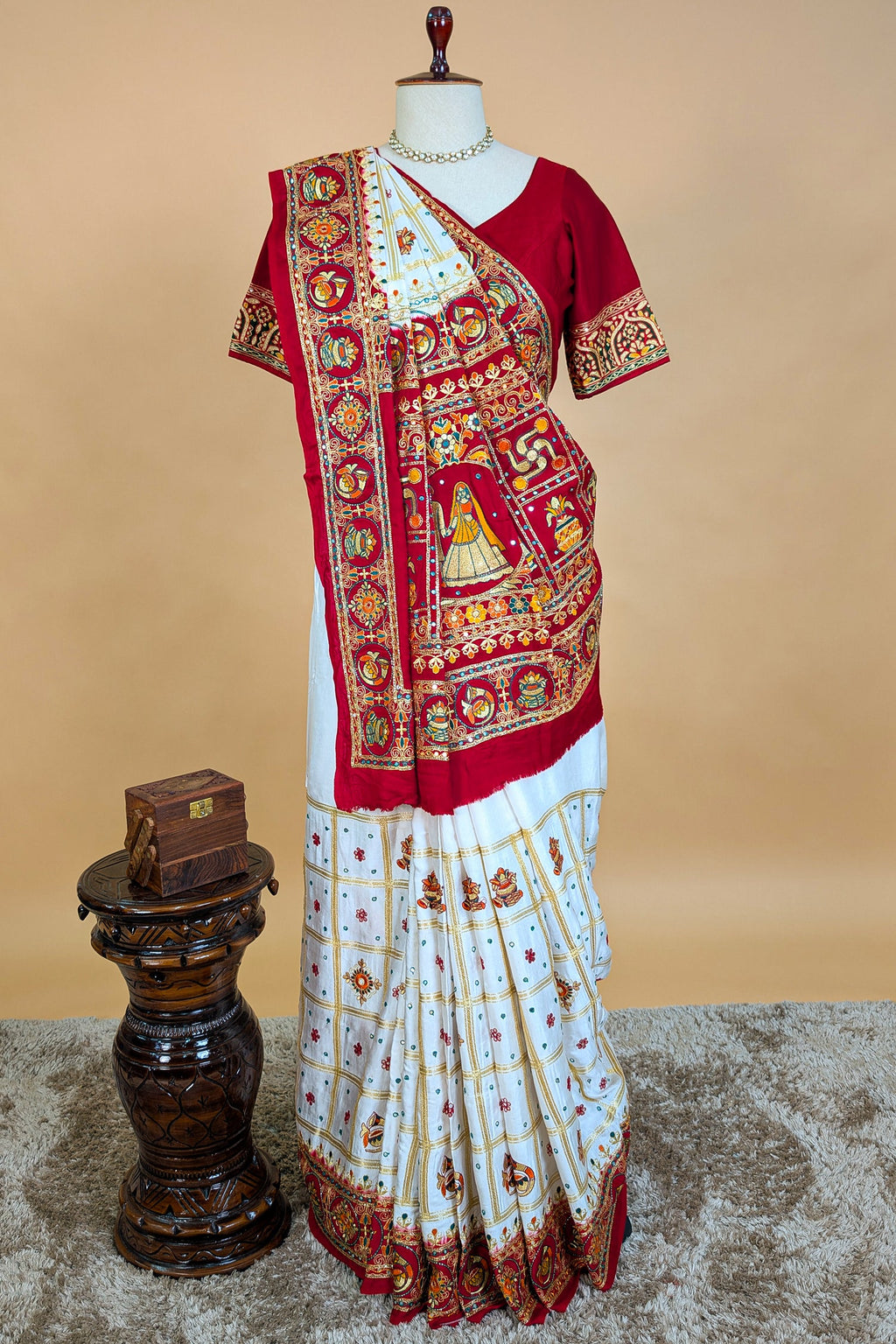 Pearl White Gaji Silk Bridal Panetar Saree with Embroidery - white silk saree embroidery