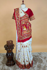 Pearl White Gaji Silk Bridal Panetar Saree with Embroidery