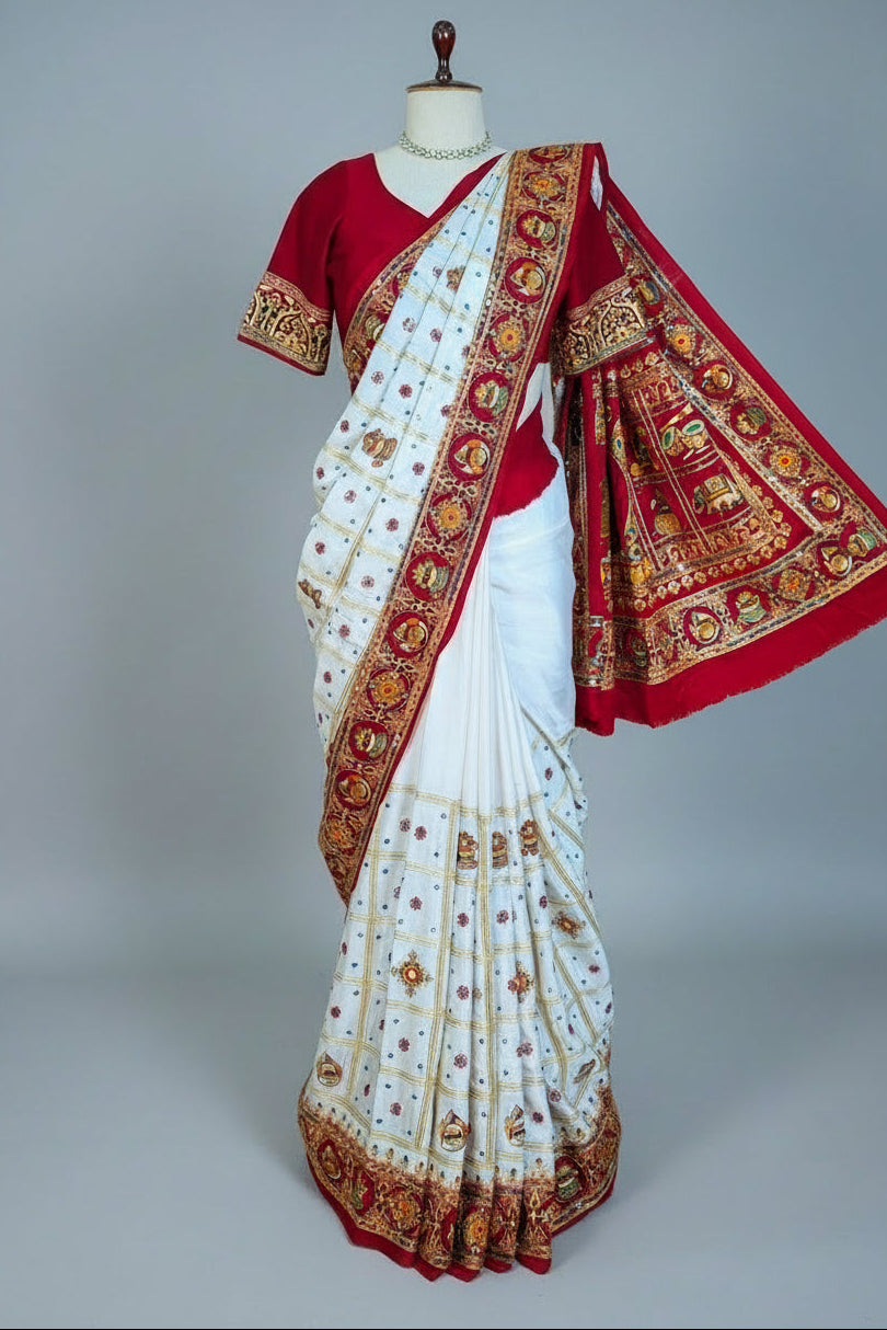 Pearl White Gaji Silk Bridal Panetar Saree with Embroidery - white silk saree embroidery