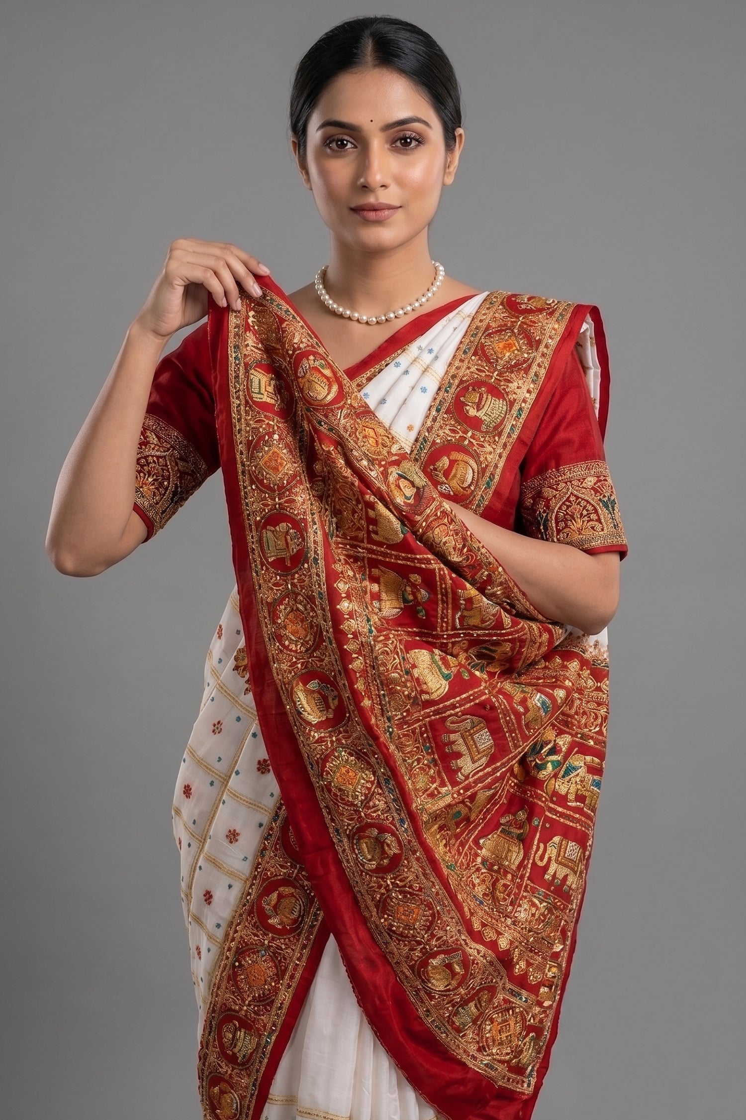 Pearl White Gaji Silk Bridal Panetar Saree with Embroidery - white silk saree embroidery